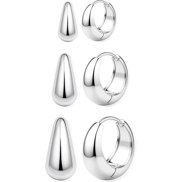 3 Pairs Chunky Huggie Hoop Earrings 14K White Gold Plated Hypoallergenic - Picture 6 of 6